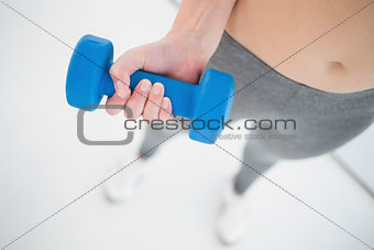 Fit woman in sportswear exercising with dumbbell