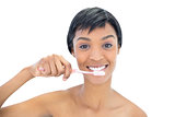 Charming black haired woman brushing her teeth