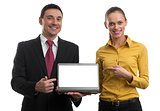businesspeople showing a laptop with blank screen