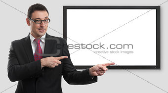 businessman pointing on blank screen of monitor
