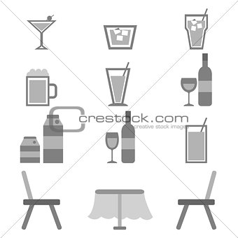 Drinks icons in restaurant on white background
