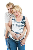 loving happy couple, pregnant woman with her husband, isolated on white