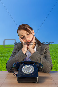 Businesswoman Woman Waiting for Old Vintage Telephone Call