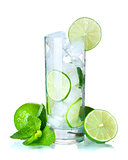 Glass of water with lime, ice and mint