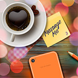 Autumn cup of coffee, tablet, stick note, vector Eps10 image.