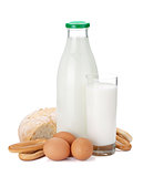 Milk bottle, glass, bread and eggs