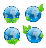 Set icon earth with green leaves isolated on white background