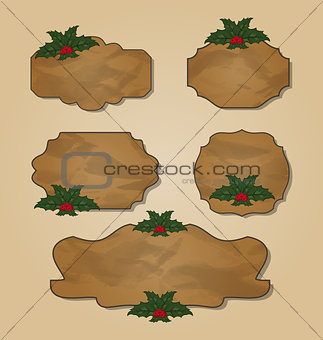 Set crumpled paper label with holly berry