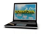 DOWNTOWN sign on laptop screen 
