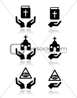 Religion icons - hands with bible, church, eye of god