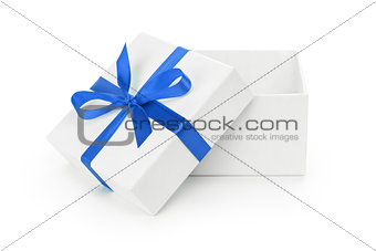 open white textured gift box with blue ribbon bow