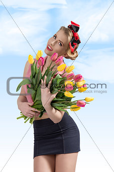 adorable pin-up with colourful bouquet 
