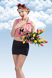 portrait of funny pin-up with flowers 