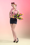 full-length portrait of sexy pin-up with flowers 