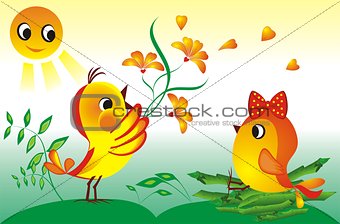 Chick gives flowers to his lady