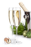 Champagne glasses and christmas decor