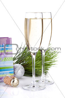 Champagne glasses and christmas gift