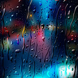 Defocused Lights of City Road at Night, view through wet glass, vector Eps 10 illustration.