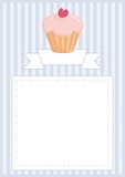 Vector document, restaurant menu, wedding card, list or baby shower invitation with sweet retro cupcake on blue vintage pattern or stipes texture background