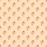 Seamless vector pattern or texture with cupcakes, muffins, sweet cake and red heart on top.