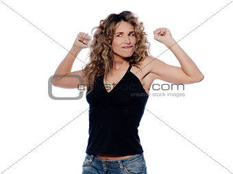 one strong powerful woman flexing muscles proud