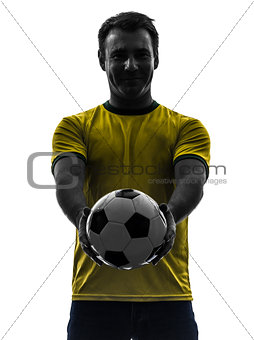 man showing giving soccer football  silhouette