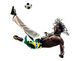 brazilian  black man soccer player kicking football