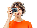 young man photographer  holding camera portrait