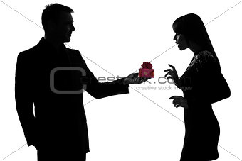 one couple lovers man offering present gift and woman happy surp