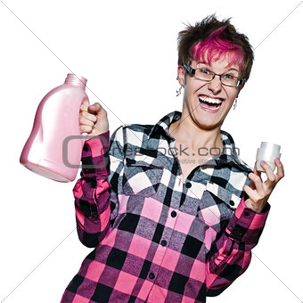 Excited trendy young woman holding detergent