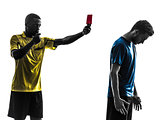 two men soccer player and referee showing red card silhouette