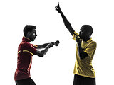 two men soccer player and referee blowing whistlecard silhouette