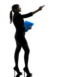 business woman showing pointing  holding folders files silhouett