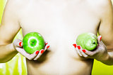 Woman pear and apple breast concept
