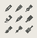 Pens and brushes for drawing. Set of simple icons