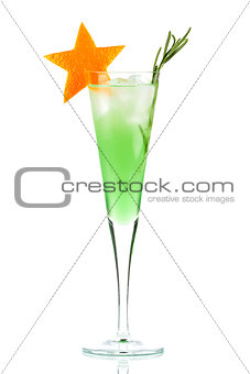 Mint Champagne alcohol cocktail with orange star and rosemary