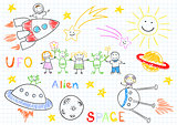 Vector sketches with happy children's and aliens
