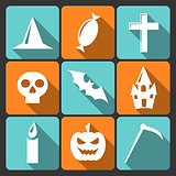Halloween flat vector icons with long shadow. Set 3