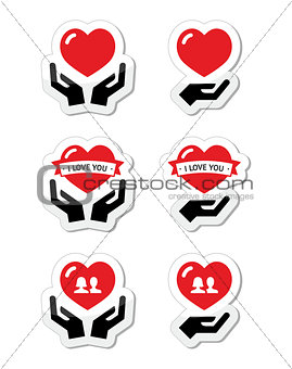 Hands with red heart, love, relationship icons set