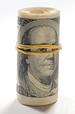 Portrait of Benjamin Franklin beholder bills through clerical gum