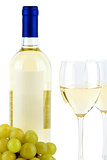 Bottle of white wine and two wine glasses and grape