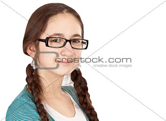 Teen girl with pigtails wearing glasses