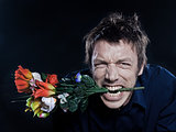 Funny Man Portrait offering flowers