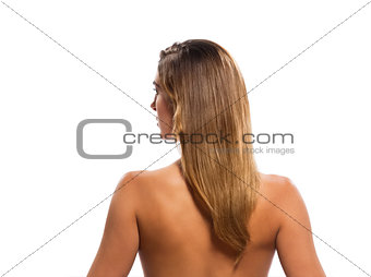 rear view topless blond hair woman portrait