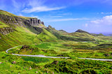 View of Quiraing mountains and the road, Scottish highlands