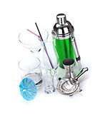 Cocktail shaker, utensils and glasses