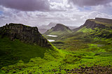 Landscape view of Quiraing mountains on Isle of Skye, Scottish h