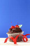 festive (birthday, valentines day) cupcake decorated with chocolate ganache and cherries