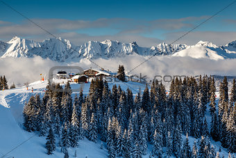 Ski Restaurant on the Mountain Peak near Megeve in French Alps, 