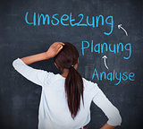 Woman looking at a chalkboard with success terms in german
